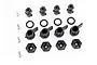 A set of Traxxas hatch mounting nuts, including plastic wing nuts, cylindrical mounts, O-rings, and metal screws on a white background.