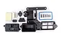 Traxxas electronics tray and mounting hardware for RC boats, including plastic components, screws, adhesive pads, and a blue rubber gasket.
