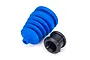 A blue rubber bellows seal and a small black plastic bushing for a Traxxas RC boat.