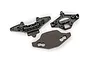 A Traxxas front bumper assembly kit including two black plastic mounting brackets and a grey foam bumper piece on a white background.
