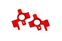 A pair of red anodized aluminium steering hubs for an RC car, marked with L and R for left and right sides.