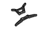 Two black plastic RC shock towers for Traxxas vehicles, shown from a top-down perspective against a white background.