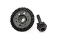 A black Traxxas differential ring gear and a matching pinion gear on a white background.