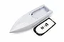 A white Traxxas Disruptor RC boat hull shown from a high angle with included black hatch seal and small hardware components on a white background.