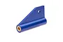 A blue anodized aluminum drive strut for an RC boat with a brass bushing insert, isolated on a white background.