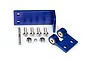 Traxxas blue anodized aluminium rudder mount kit including brackets, screws, nuts, and a pin on a white background.