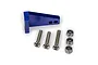 A blue anodized aluminium rudder arm for an RC boat, accompanied by three metal screws and three locking nuts.