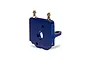 A blue anodized aluminium motor mount for RC vehicles, featuring two small metal cooling nipples on top.