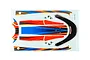 A sheet of Traxxas Disruptor RC boat hatch decals featuring orange, blue, and black graphic patterns on a white backing sheet.