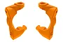 Two orange Traxxas caster blocks (C-hubs) for RC vehicles, shown from a side angle against a white background.