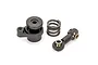 Traxxas servo saver assembly components including a plastic servo horn, a metal coil spring, and a steering link with ball ends.