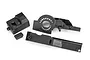 Three black plastic RC car components including a receiver box, gear cover, and driveshaft cover on a white background.