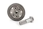 A Traxxas differential ring gear and pinion gear set made of machined metal, shown against a white background.