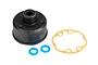 Traxxas differential case set including a black plastic housing, two blue rubber O-rings, and a tan paper gasket on a white background.