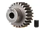 A 24-tooth metal pinion gear with a small black grub screw next to it on a white background.