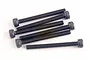 A group of six black metal cap head screws arranged on a white background.