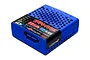 Traxxas 4-Amp USB-C Multi-Chemistry iD Charger in blue plastic with a honeycomb vent pattern and branding.