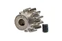 A 12-tooth metal pinion gear with a small black grub screw featuring blue thread locker on a white background.