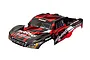 A pre-painted Traxxas Slash short course truck body shell in red, black, and white with racing decals.