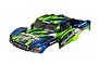 A pre-painted Traxxas Slash 1/10 scale short course truck body shell in a vibrant green and blue graphic design against a white background.