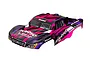A pre-painted Traxxas Slash short course truck body shell in a pink and purple graphic design against a white background.
