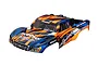 Pre-painted orange and blue Traxxas Slash short course truck body shell on a white background.