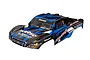 A pre-painted blue and black Traxxas Slash short course truck body shell with sponsor decals on a white background.