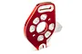 A red anodized aluminium motor mount for Traxxas RC vehicles, featuring a central hole and multiple mounting points.