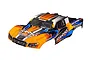 Traxxas 1/10 Slash painted body shell in orange, silver, and blue with racing decals, isolated on a white background.