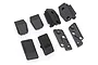 A set of eight black plastic Traxxas front and rear latch mounts for RC vehicles arranged on a white background.
