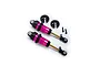 Two pink anodized aluminium Traxxas GTR long shock absorbers with black plastic components and small mounting screws on a white background.