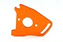 An orange anodized aluminium motor mount plate for Traxxas RC vehicles, shown against a plain white background.