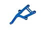 A blue anodized aluminium front chassis brace for Traxxas RC vehicles, featuring multiple mounting holes and the Traxxas logo.