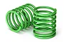 Two bright green coil-over shock springs for an RC car, positioned on a white background.