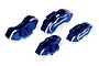 Four blue anodized aluminium brake caliper replicas for Traxxas RC vehicles, featuring silver detailing and the Traxxas logo.
