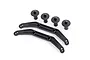 Two black plastic body mount braces and four black body posts for Traxxas RC vehicles on a white background.
