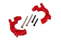 Two red Traxxas heavy duty caster blocks with two silver pins and two black screws on a white background.
