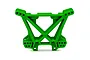 A bright green Traxxas rear shock tower made of molded plastic, shown against a plain white background.