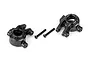 Two black Traxxas Extreme Heavy Duty steering hubs and two matching black screws on a white background.