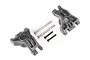 Two grey Traxxas heavy duty rear sub axle carriers with included metal pins and screws on a white background.
