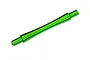 A bright green anodized aluminium wheelie bar axle for Traxxas RC vehicles, shown against a plain white background.
