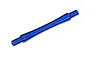 A blue anodized aluminium wheelie bar axle for Traxxas RC vehicles, shown against a plain white background.