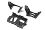 Traxxas black plastic shock mounts and battery tray components for RC vehicles on a white background.