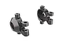 Two dark titanium coloured aluminium steering hubs for Traxxas RC vehicles, shown from different angles against a white background.