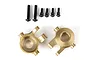 Two brass steering hubs and six black metal screws arranged on a white background.