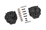 Traxxas front and rear gearbox housing set including black plastic casings, metal screws, washers, and pins on a white background.