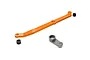 Traxxas orange aluminium steering link, grey servo horn, and two black bushings isolated on a white background.