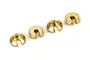Four small, circular brass shock absorber retainers with a U-shaped slot, arranged in a row on a white background.