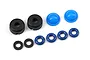 Traxxas GTM shock absorber rebuild kit components including black plastic caps, blue rubber diaphragms, and various O-rings on a white background.