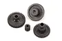 A set of four black plastic RC transmission gears of varying sizes arranged on a white background.